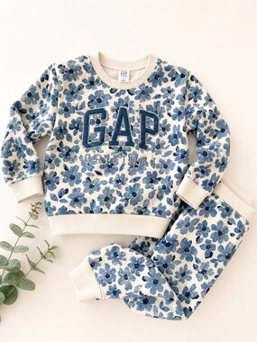 GAP Kids 3T Floral Sweatshirt Set Blue White Matching Outfit Girls Cozy Jogger